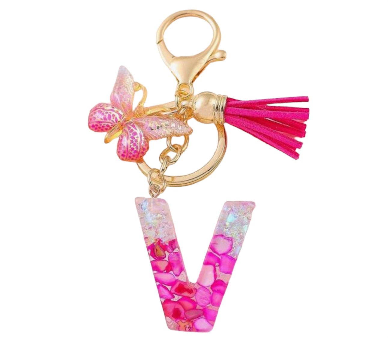 Pink resin alphabet keychain letter V with glitter butterfly charm and pink tassel attached to gold metal ring