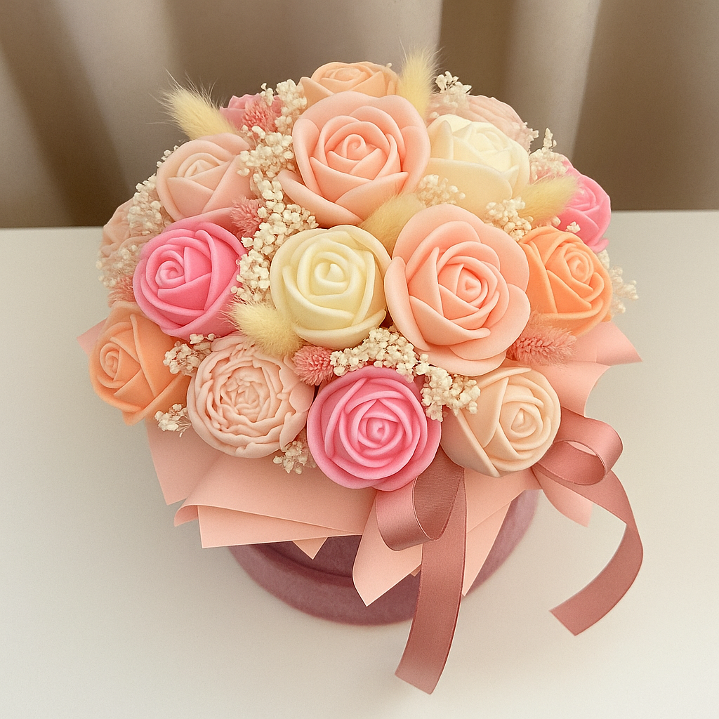 Handmade scented candle flower bouquet in pink gift box with blush, peach, cream roses and peonies decorative arrangement