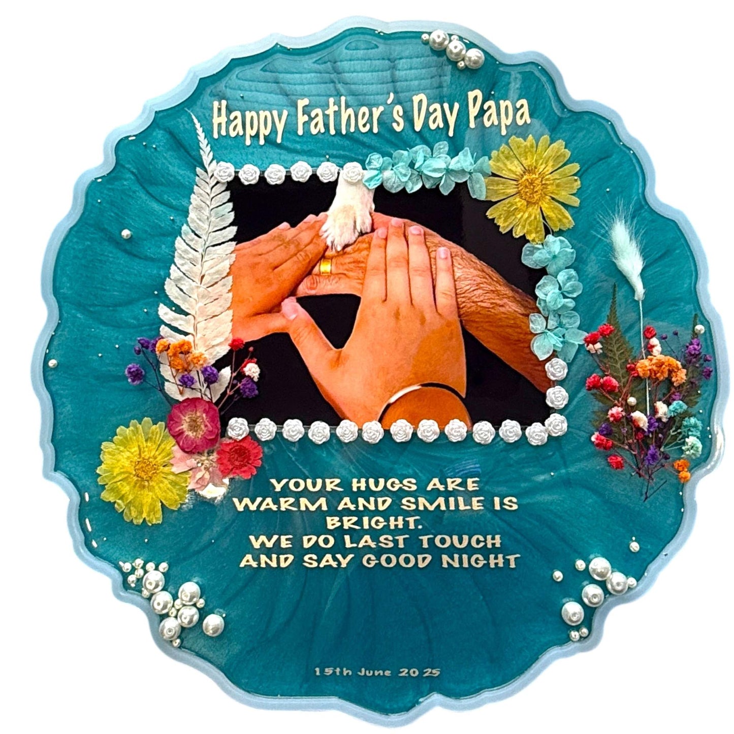 Custom pressed flower frame with personalized Father's Day message and hand-pressed floral decoration on turquoise resin background