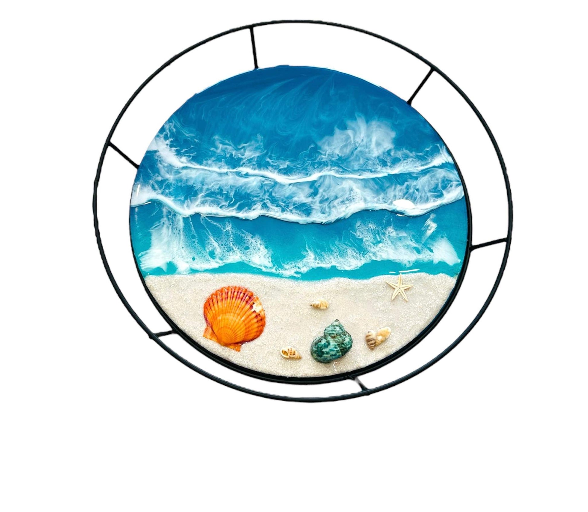 Round metal frame tray with ocean wave patterns, seashells, and starfish design