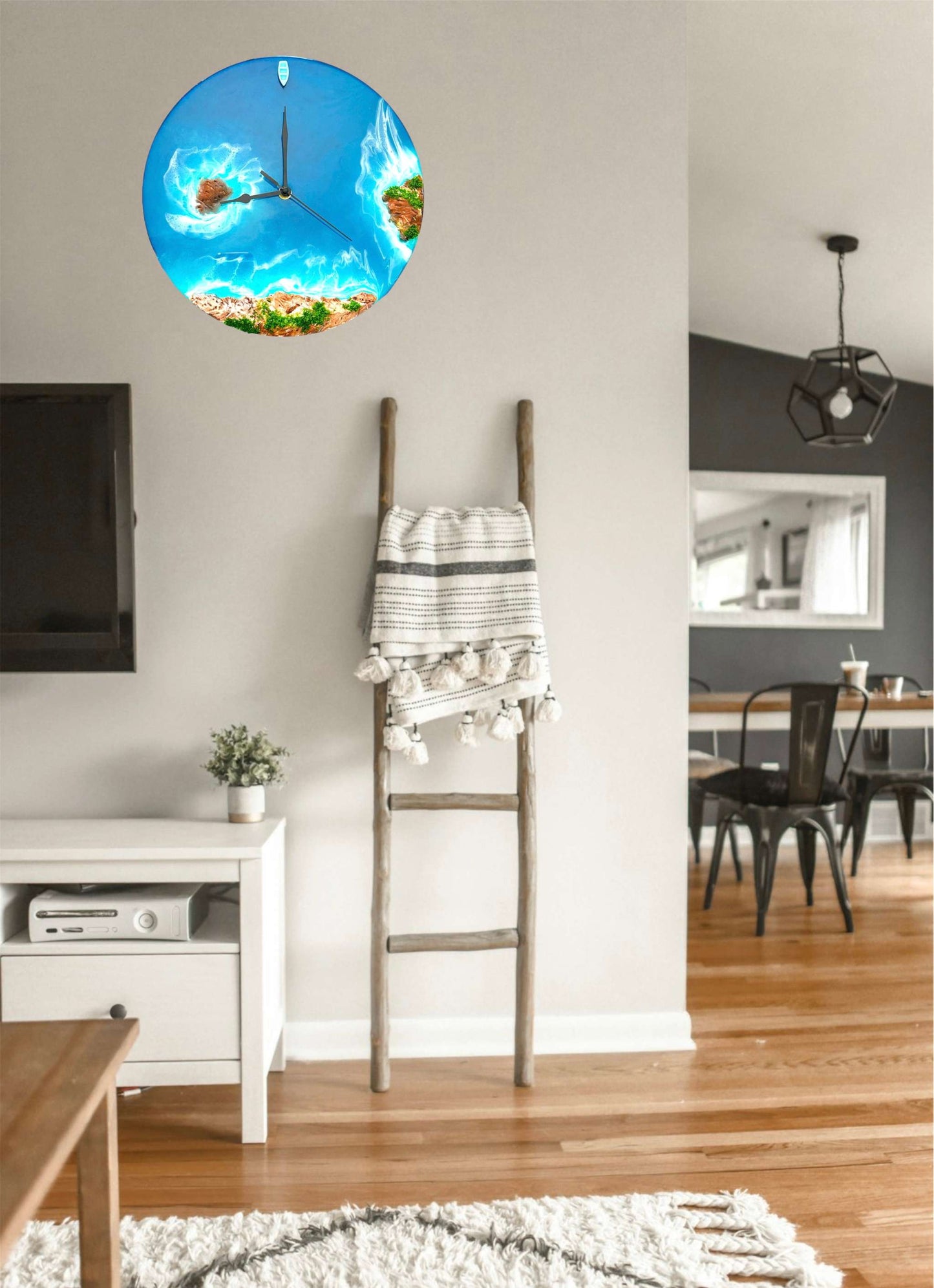 Round resin ocean wall clock with island, ocean waves, beach, and miniature boat decor