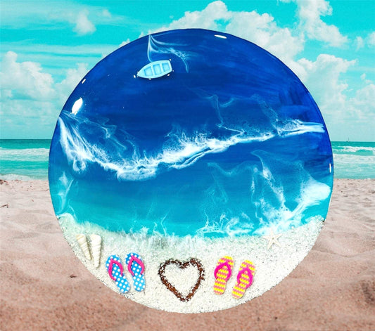Beach view wall hanging with resin ocean waves, sandy shore, miniature slippers, and a boat detail in a circular design