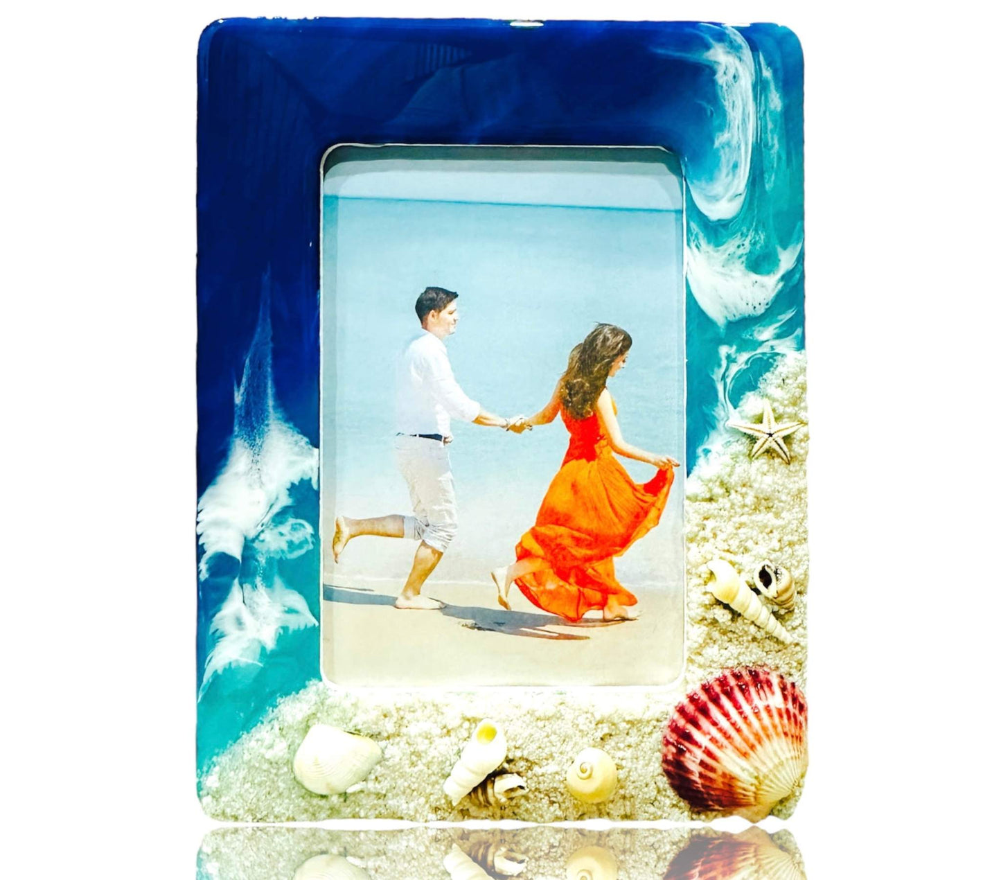 Ocean wave photo frame with resin waves and seashell decorations showcasing a beach-themed design