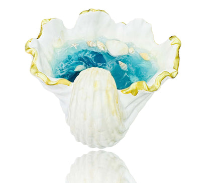 Sea Shell shaped jewelry plate with resin ocean effect and gold trim for rings and earrings storage