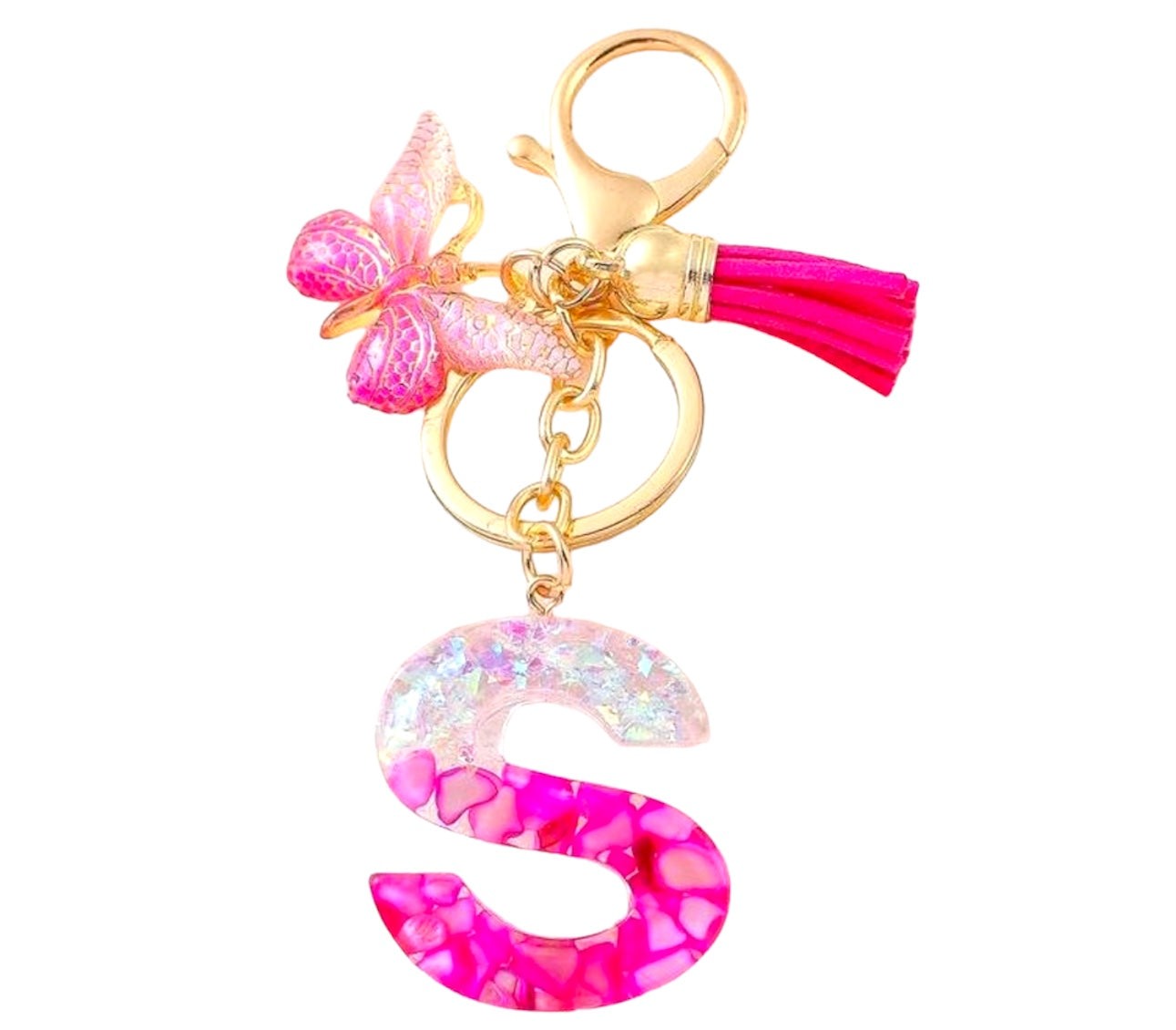Pink resin alphabet keychain with gold ring, butterfly charm, and tassel accessory