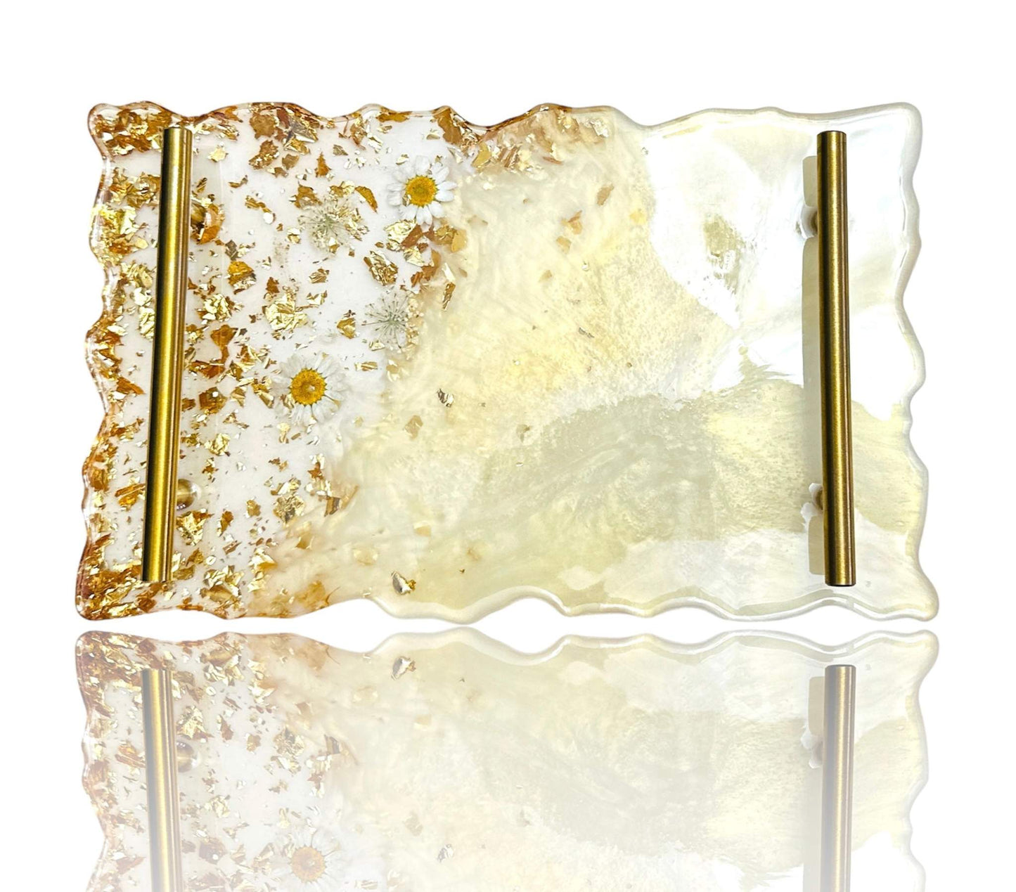 Handmade resin decorative tray with gold and white tones, embedded with real dried flowers and gold handles