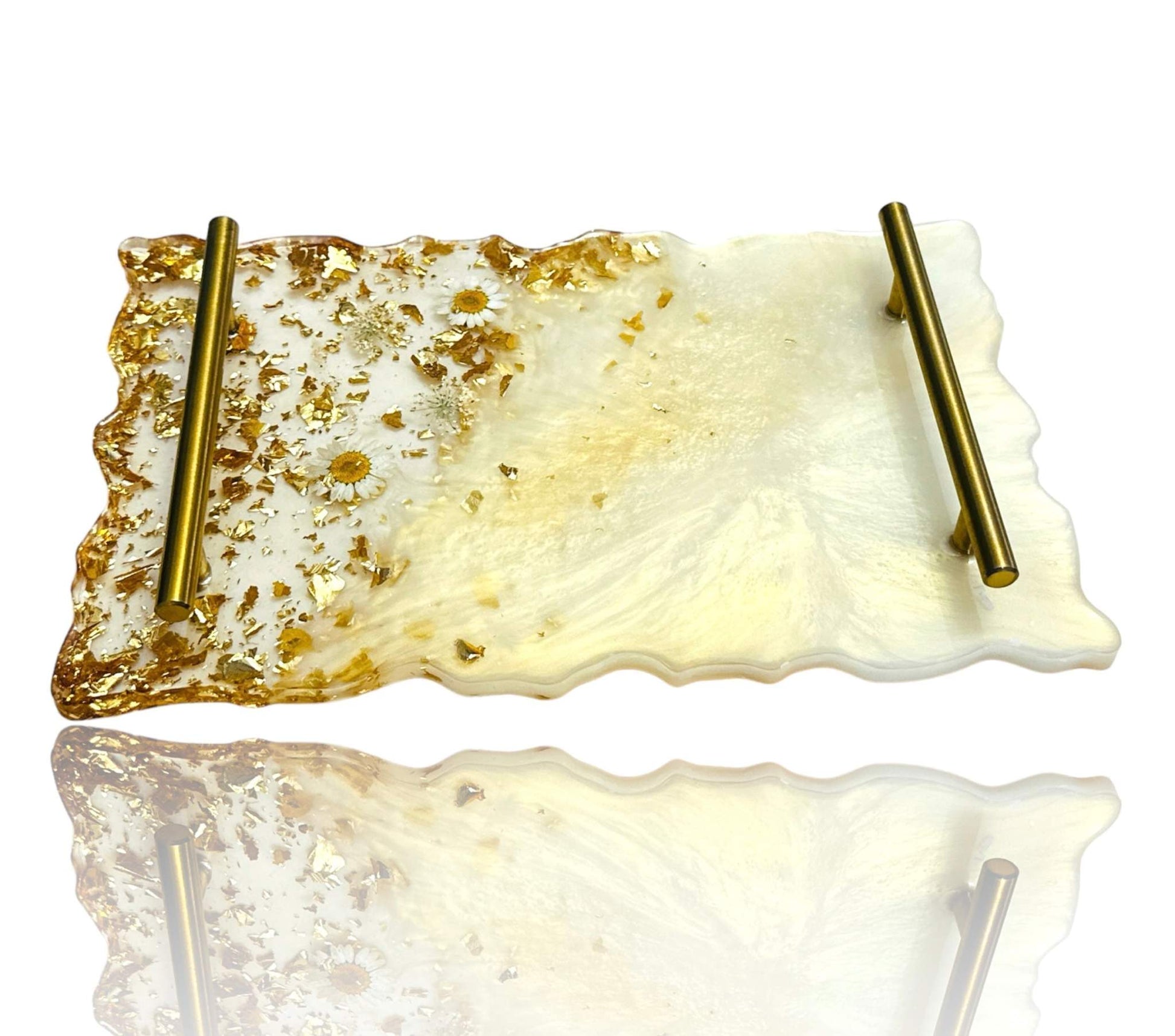 Handmade decorative tray with gold and white resin, embedded with dried flowers and gold flakes, featuring brass handles