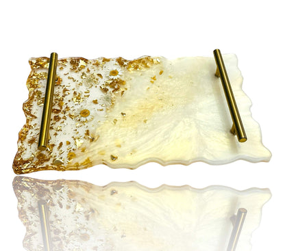 Handmade decorative tray with gold and white resin, embedded with dried flowers and gold flakes, featuring brass handles