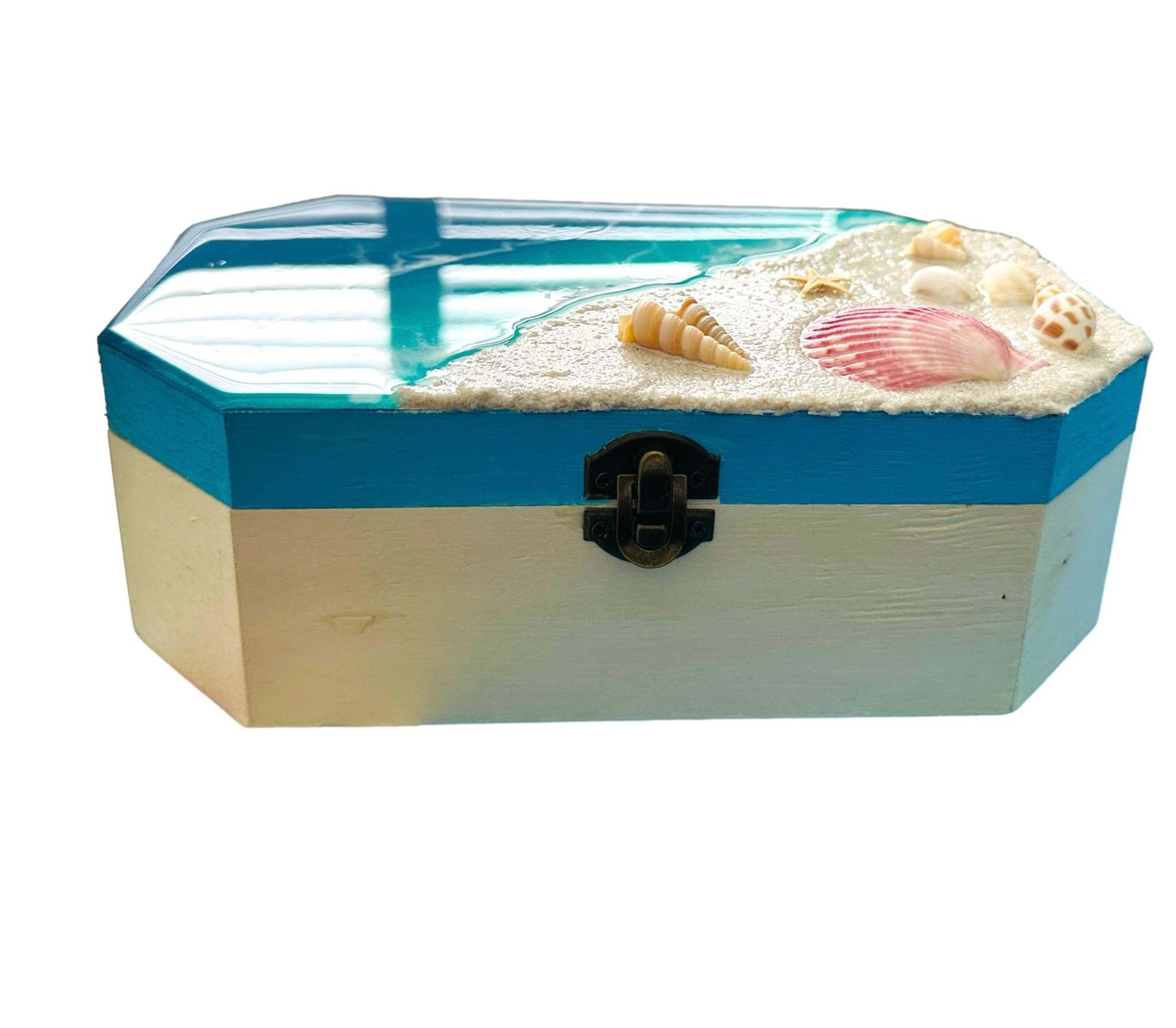 Wooden organizer box with ocean-themed decor and seashell accents