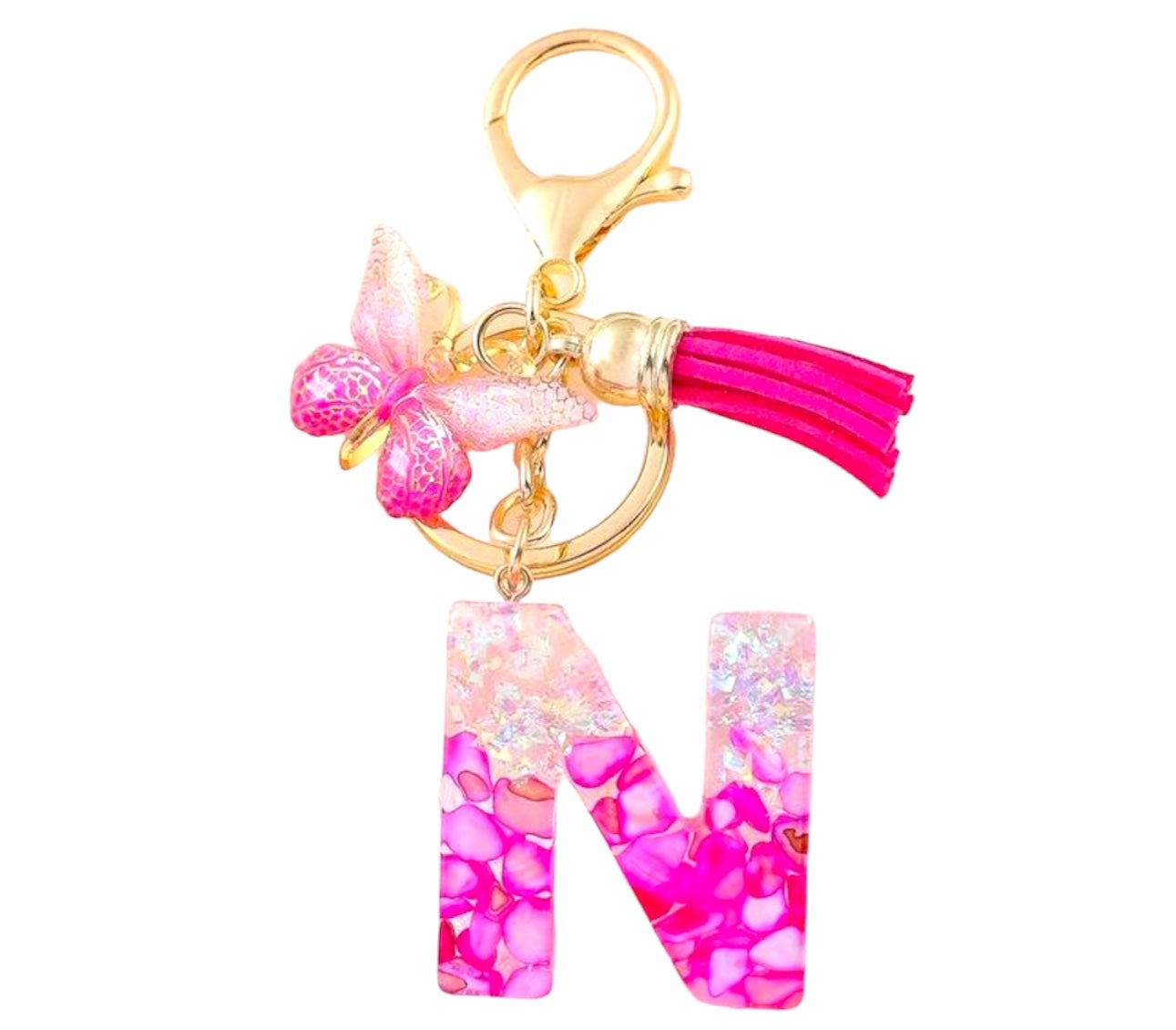 Pink resin alphabet keychain letter N with butterfly charm and tassel on gold ring