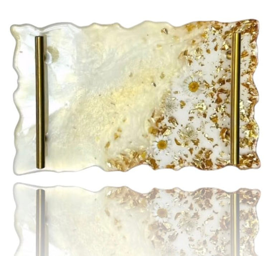 Rectangular resin decorative tray with gold floral inclusions and two gold handles