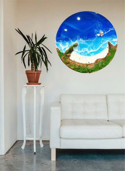 Durdle Door UK Sculpture handmade 3D coastal wall art featuring textured limestone arch and vibrant blue resin ocean waves in modern living room.