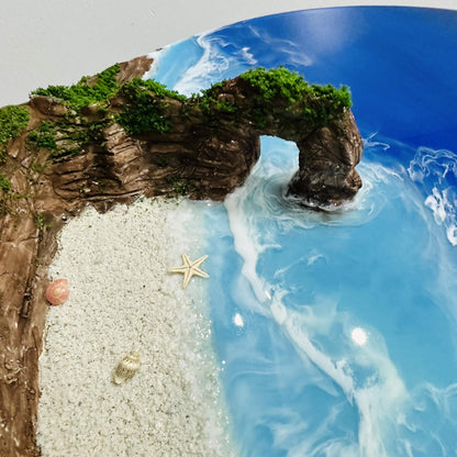 Handmade Durdle Door UK Sculpture featuring 3D coastal wall art with textured clay cliffs, sandy beach, ocean waves, and natural greenery accents.
