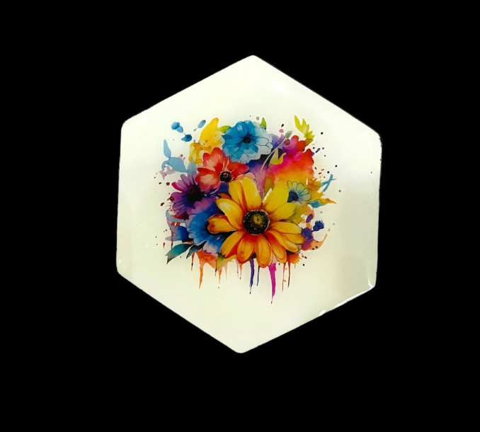 Hexagonal watercolor flower resin coaster with vibrant botanical design on white background