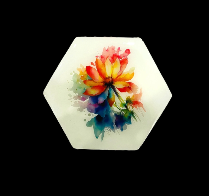 Hexagonal watercolor flower resin coaster with vibrant multicolored floral design on clear durable surface