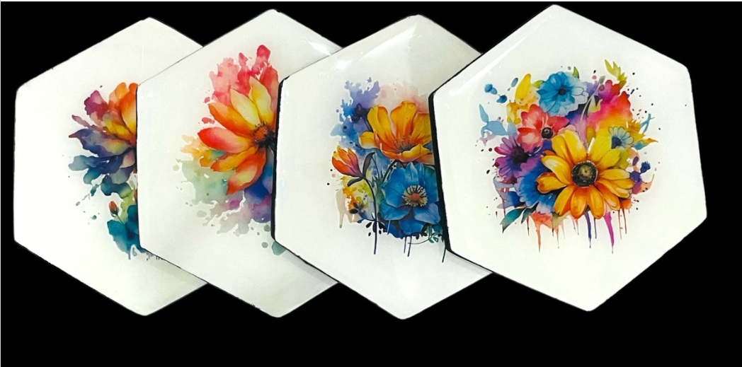 Set of hexagonal watercolor flower resin coasters with vibrant floral designs on white background