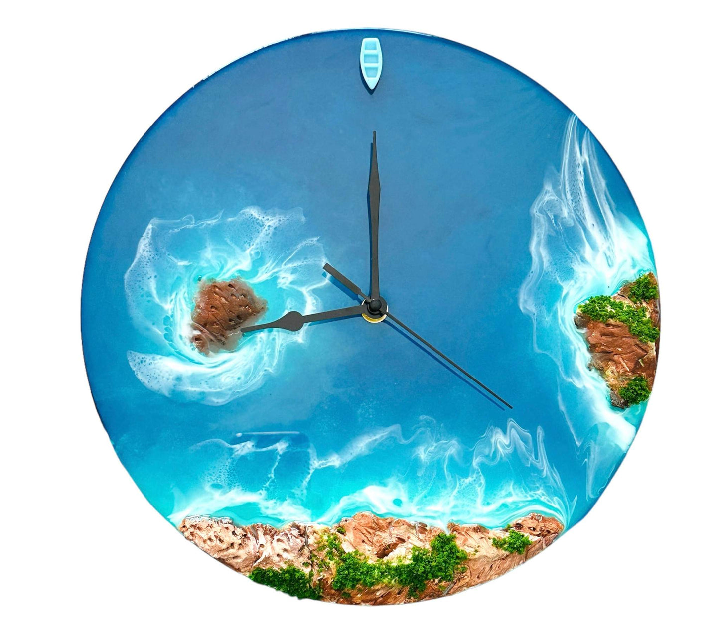 Round resin ocean wall clock featuring island, ocean waves, beach, rocks, and a miniature boat with turquoise resin waves.