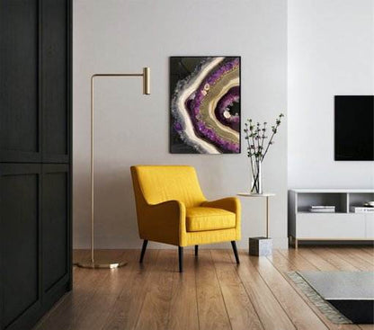 Crystal Geode Wall Art featuring purple, gold, and clear quartz tones in a modern living room setting with a yellow armchair and minimalist decor