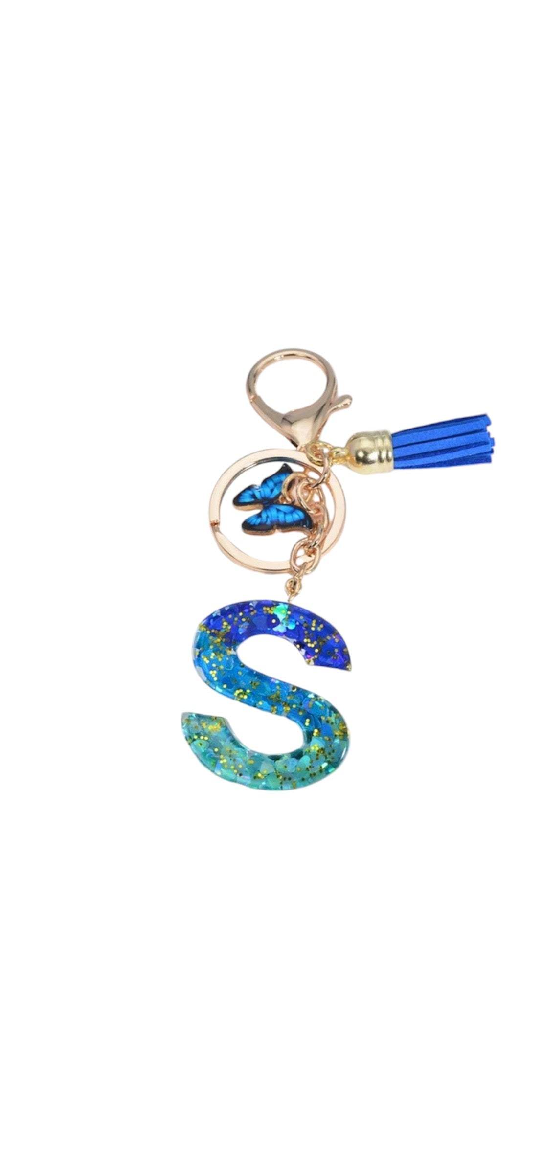 Blue resin alphabet keychain letter S with glitter and tassel on metal ring
