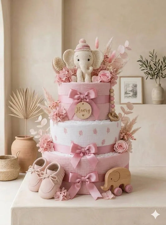 Stunning Personalized Boho Diaper Cake – The Ultimate Pink Baby Shower Gift