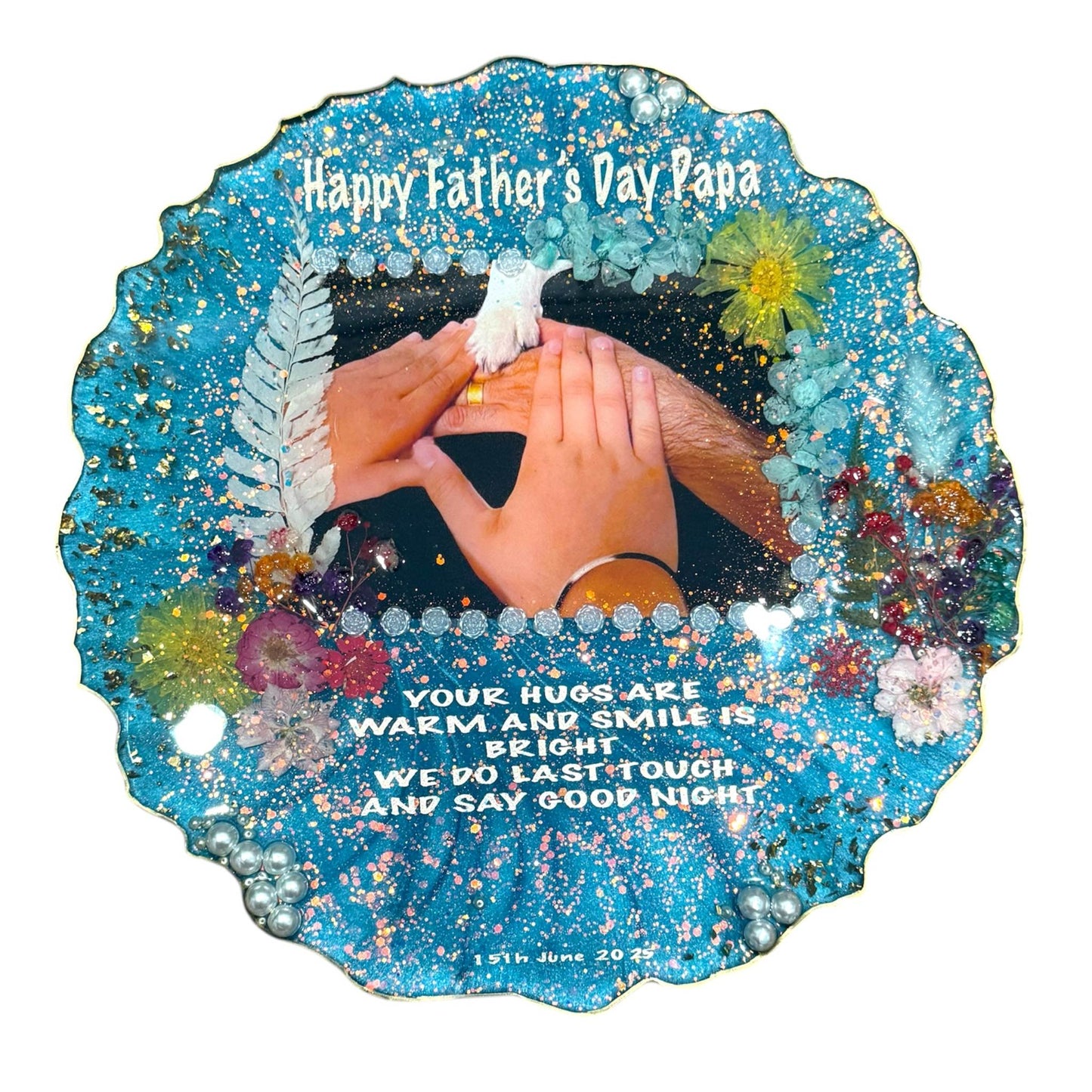 Custom pressed flower frame with personalized Father's Day message and hand-pressed floral decorations in a blue resin frame.