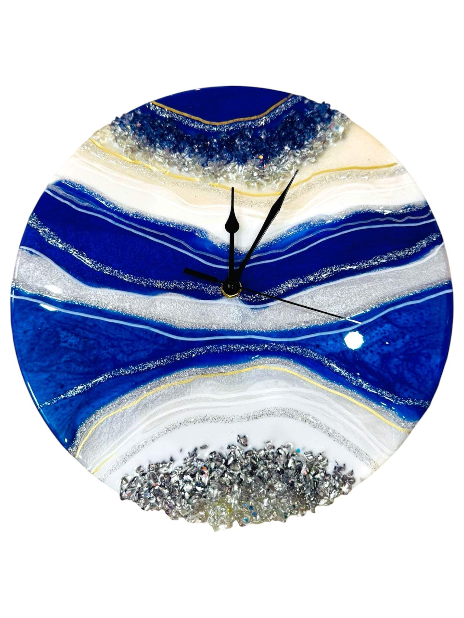 12-inch Geode Wall Clock with genuine Brazilian agate slice in blue, white, and silver tones, handcrafted with stained birch wood backing.
