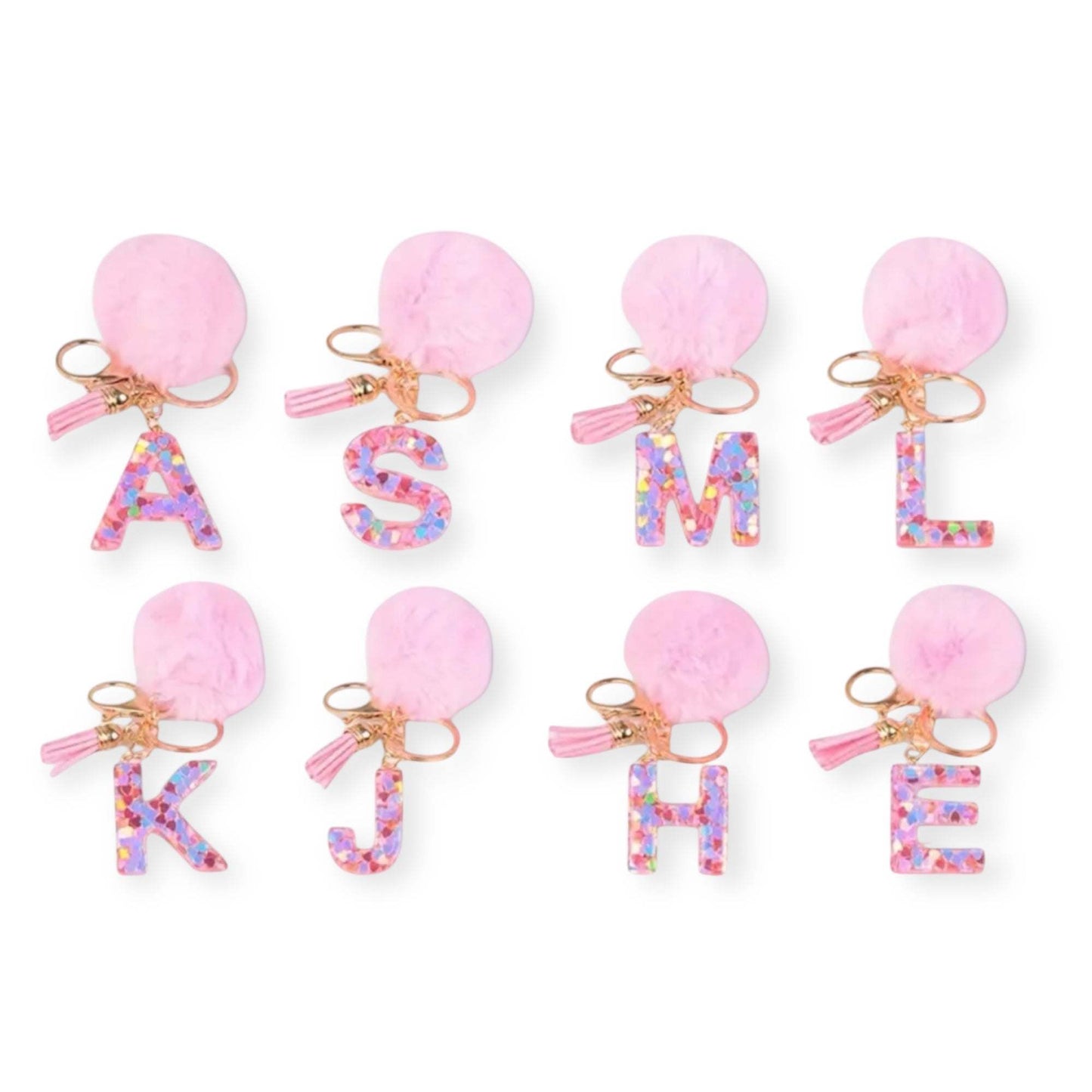 Colorful alphabet keychain with pink pom pom and tassel accessory set