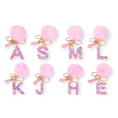 Colorful alphabet keychain with pink pom pom and tassel accessory set