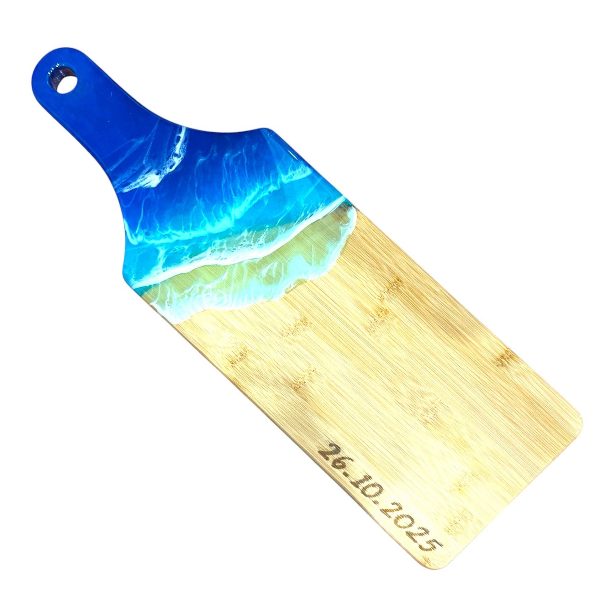 Bamboo Ocean Wave Resin Cheese Board with customizable blue wave design and date engraving