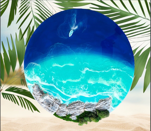 Round coastal landscapes art piece featuring ocean waves, rocky shoreline, and a small boat, perfect for modern home decor.
