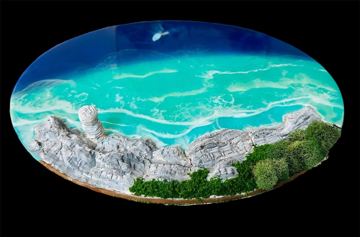 Miniature coastal landscapes art of Flowerpot Island with ocean waves and rocky shoreline in premium resin finish
