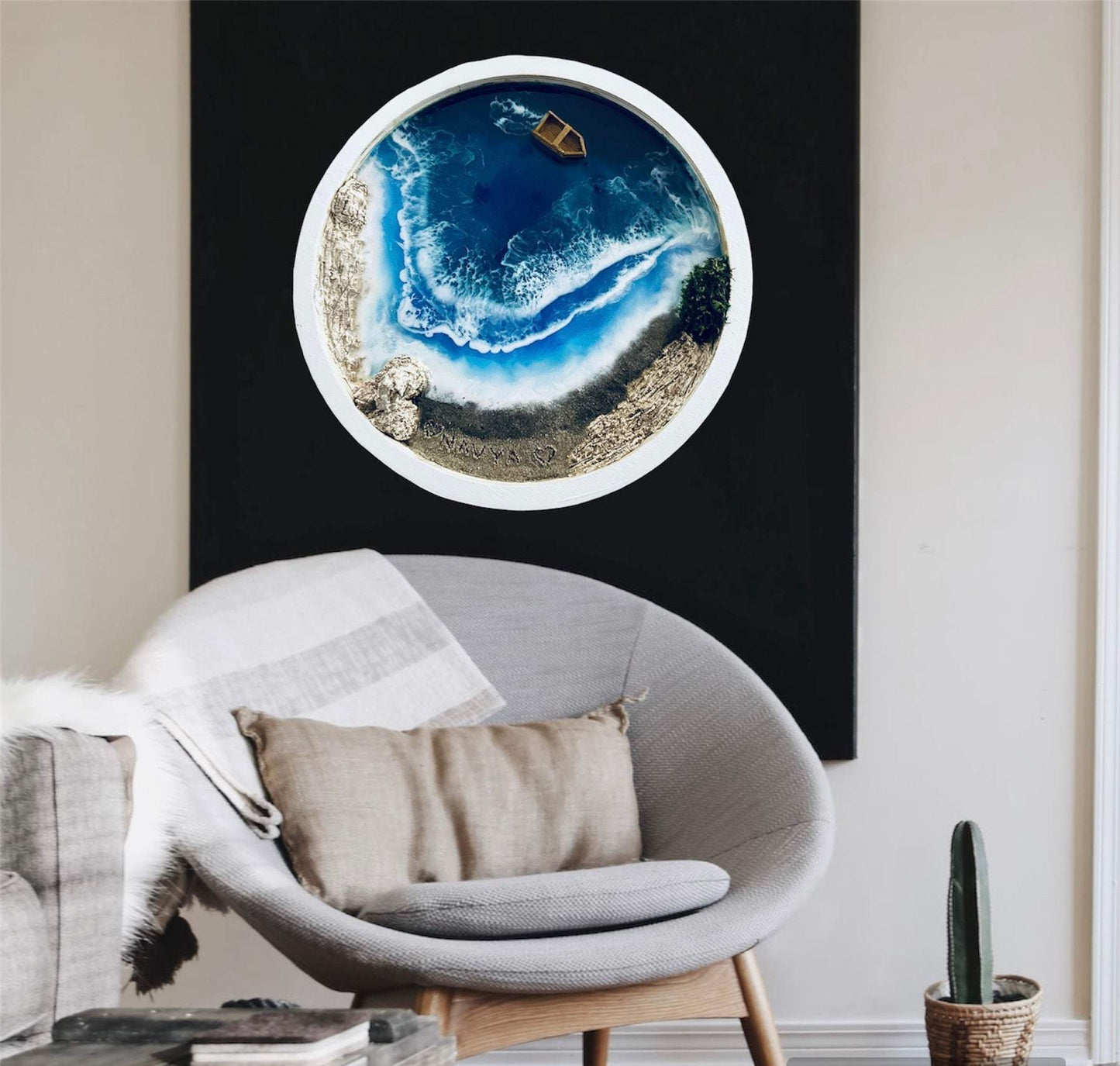 12-inch round ocean art for home decor with white frame, handmade resin coastal wall decor.