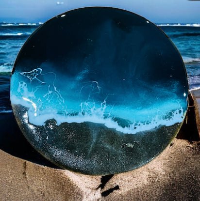 Handmade 4-inch round ocean art with black sand beach on wooden board with 3D resin waves