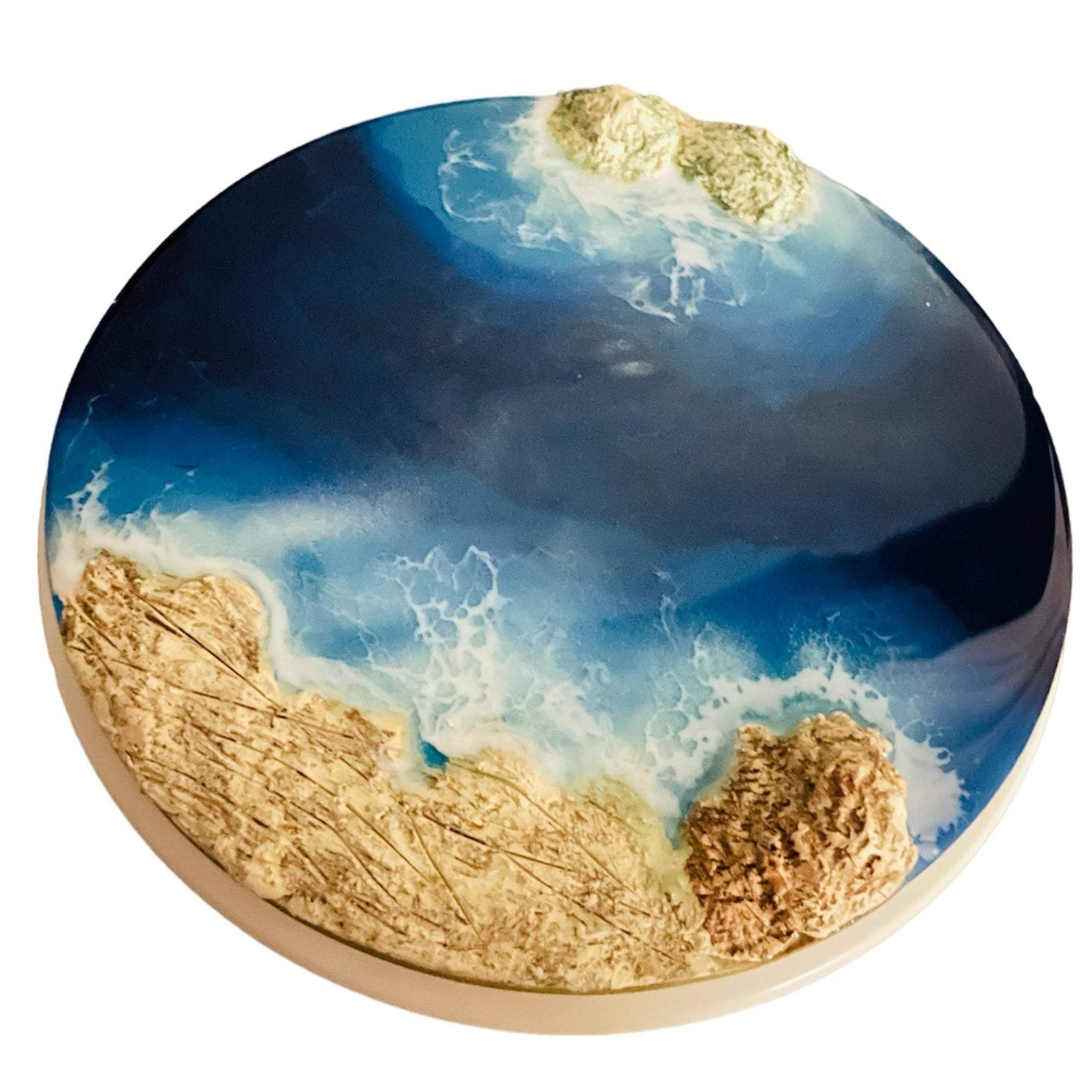 Round 8-inch ocean art resin decor with realistic sand and rock textures, featuring vibrant blue waves and beach-inspired design.