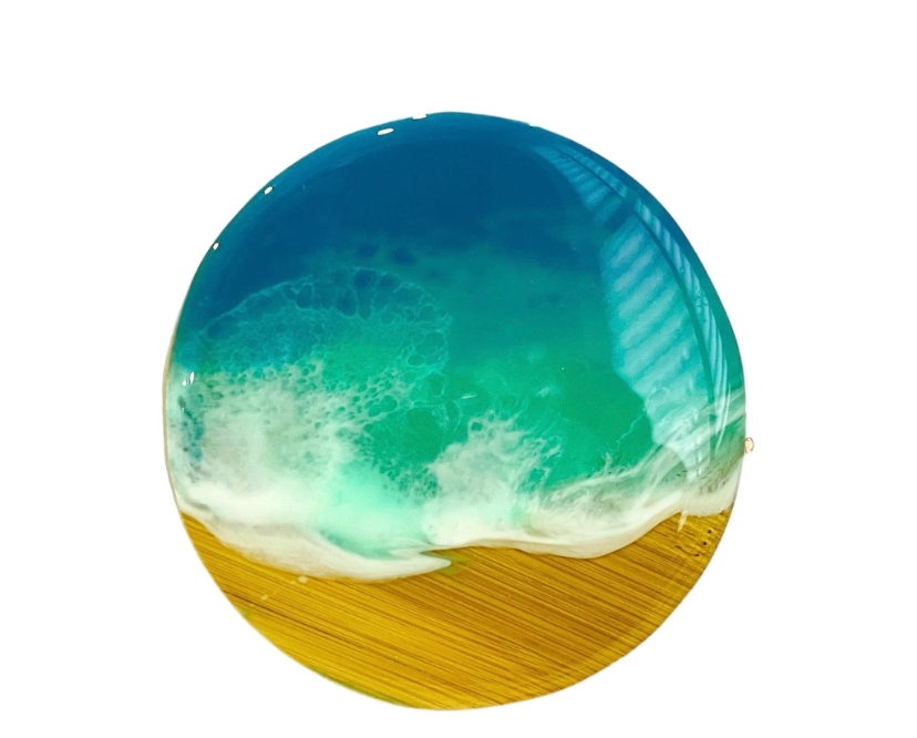 Handmade ocean wave resin coaster with realistic blue waves and sandy beach design, heat-resistant and non-slip for coastal home decor