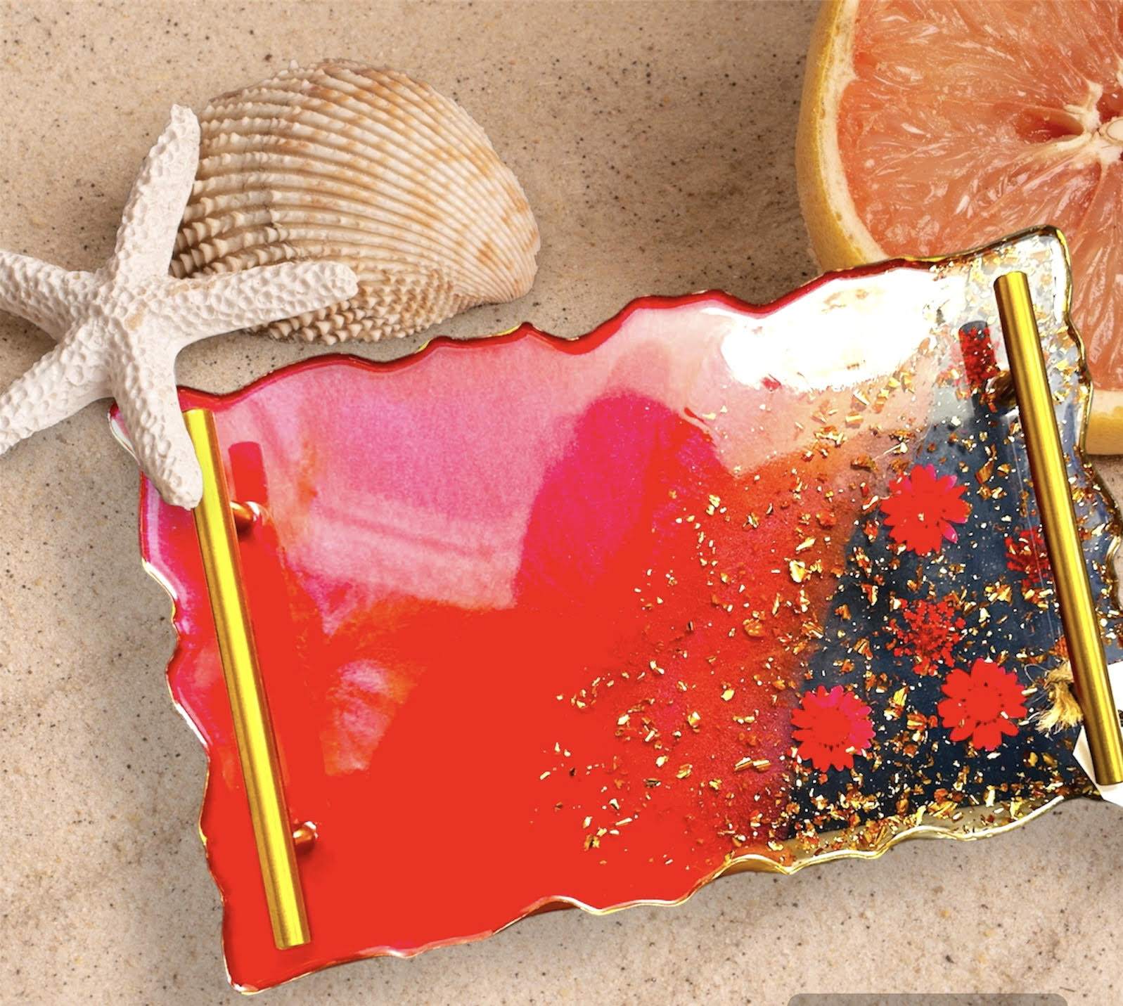 Handmade red decorative tray with real dried flowers and gold flakes, glossy finish with gold handles.