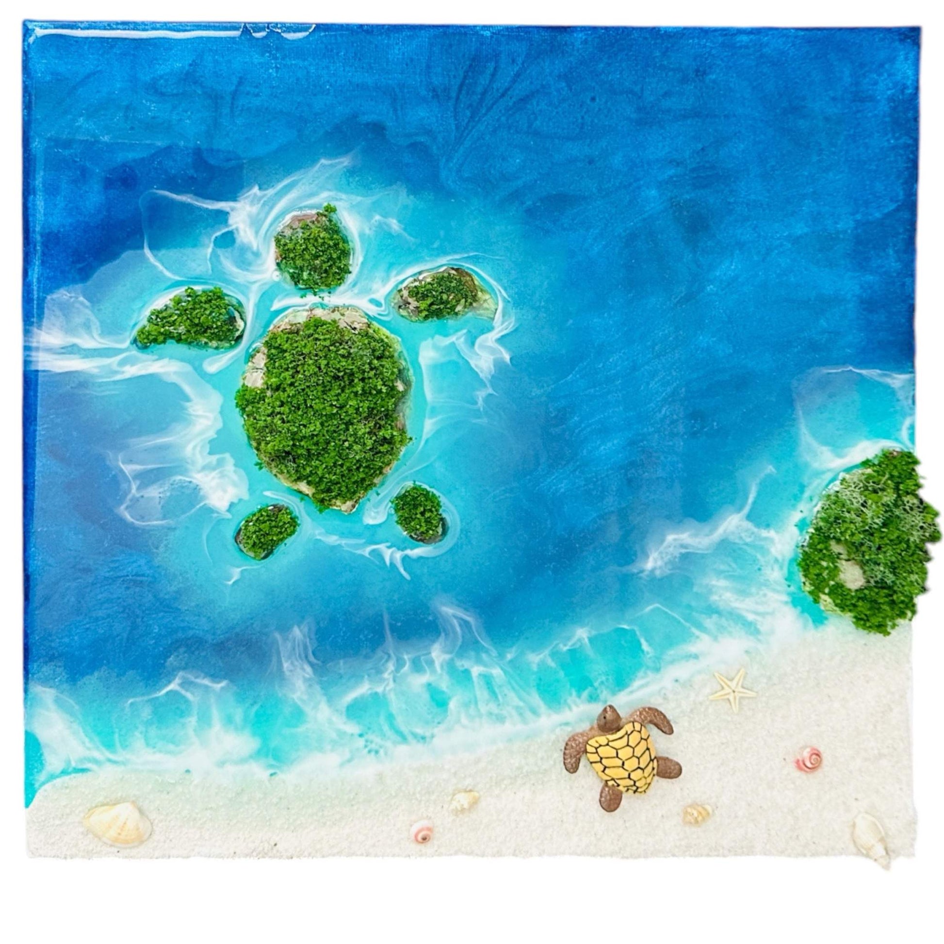 3D Turtle Island art piece with hand-sculpted turtle, natural moss islands, and glossy resin ocean effect.