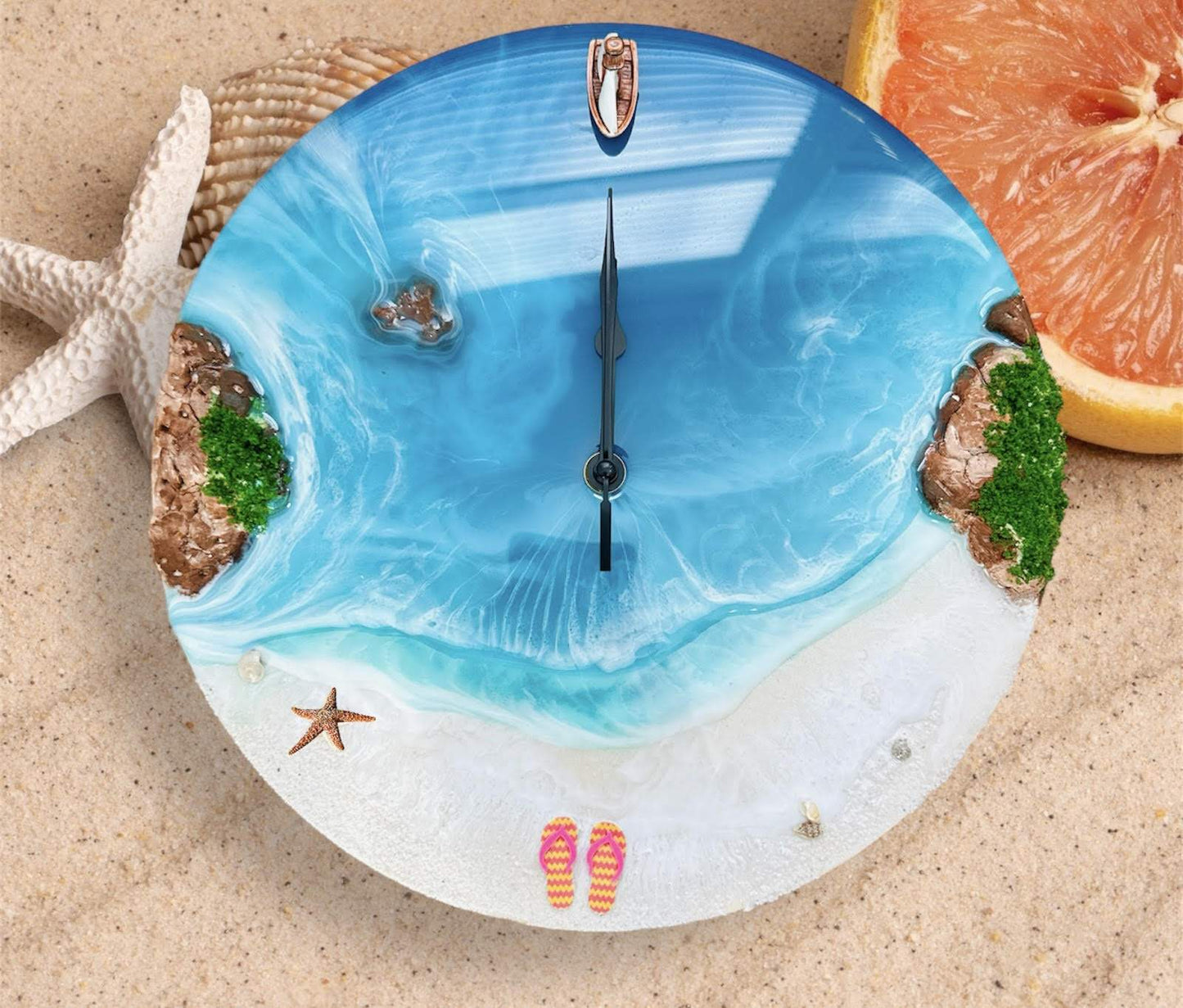 3D Island Wall Clock with handcrafted clay island, moss accents, and glossy resin finish depicting a tropical beach scene with palm trees and ocean waves