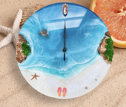 3D Island Wall Clock with handcrafted clay island, moss accents, and glossy resin finish depicting a tropical beach scene with palm trees and ocean waves
