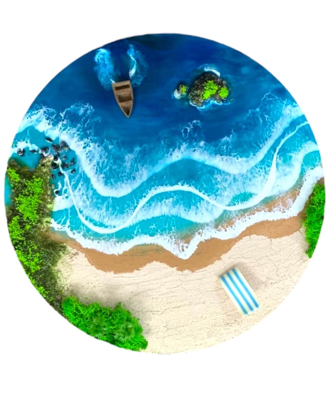 Round ocean resin art piece showing detailed seascape with waves, sandy beach, greenery, small boat, and island.