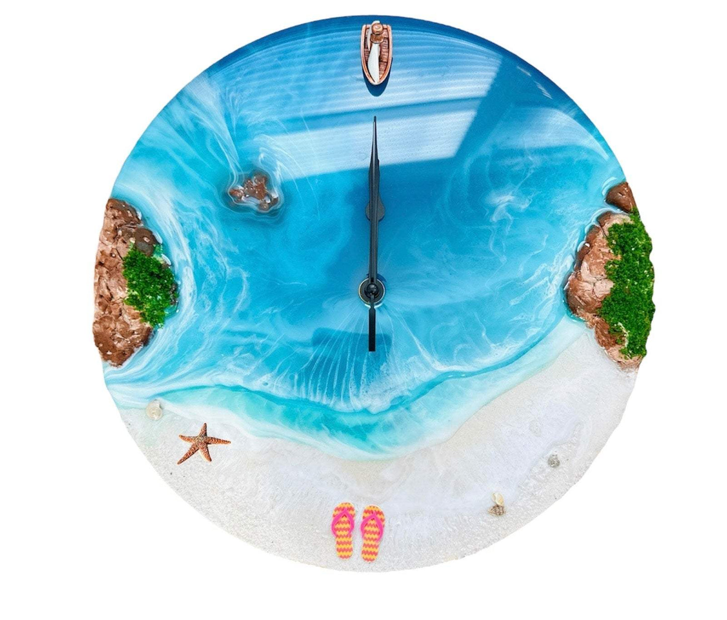 3D Island Wall Clock with handcrafted tropical island design, moss accents, resin finish, and vibrant blue ocean scene.